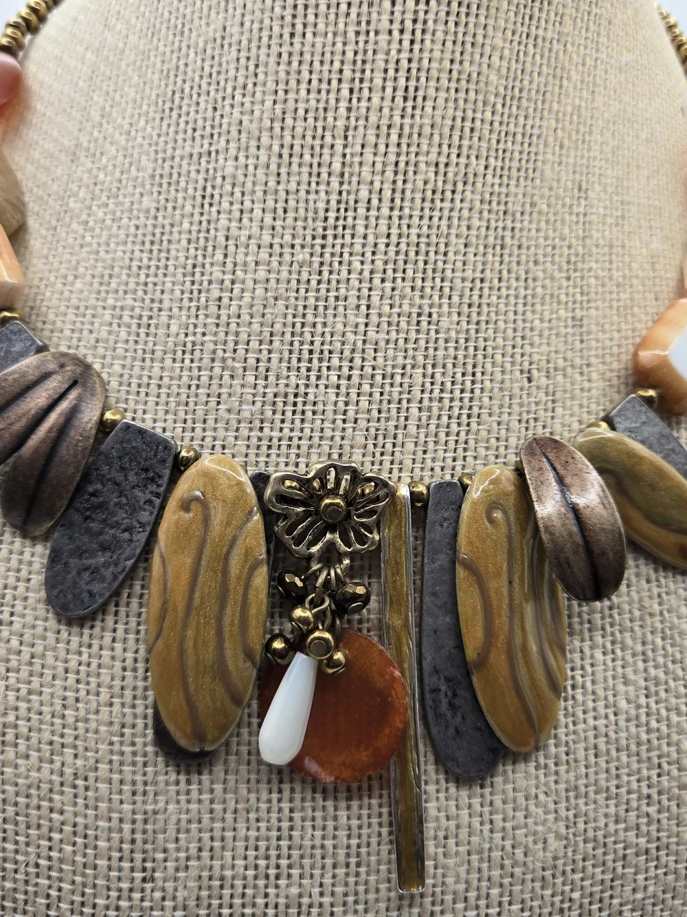 Chico's Amber Gold Copper Mixed-Media Statement Choker Artsy Flower Forest Fairy